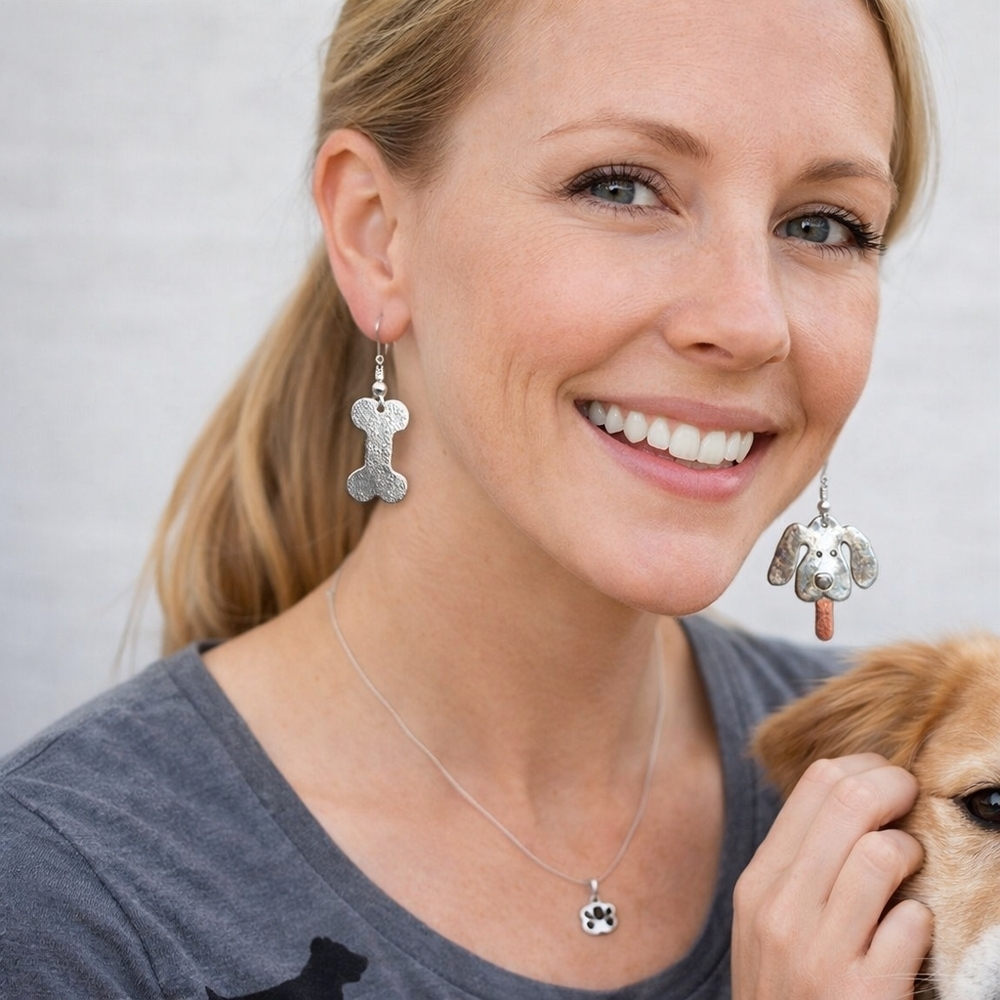 Sterling Silver Dog & Bone Earrings Handmade | Mixed Metal Puppy Lover Dangle Ea
